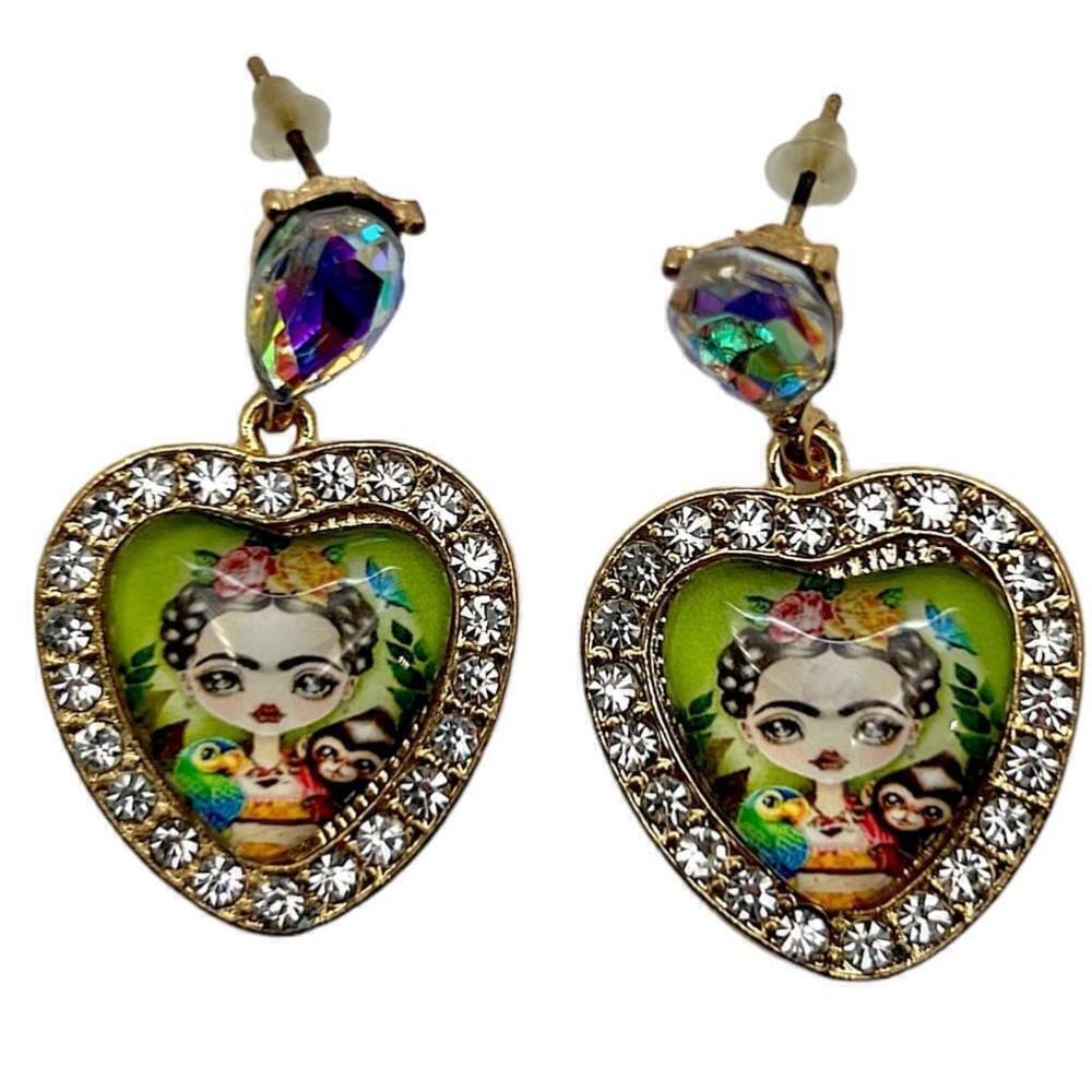 Frida Kahlo Heart Gold Tone AB Rhinestone Dangle Earrings